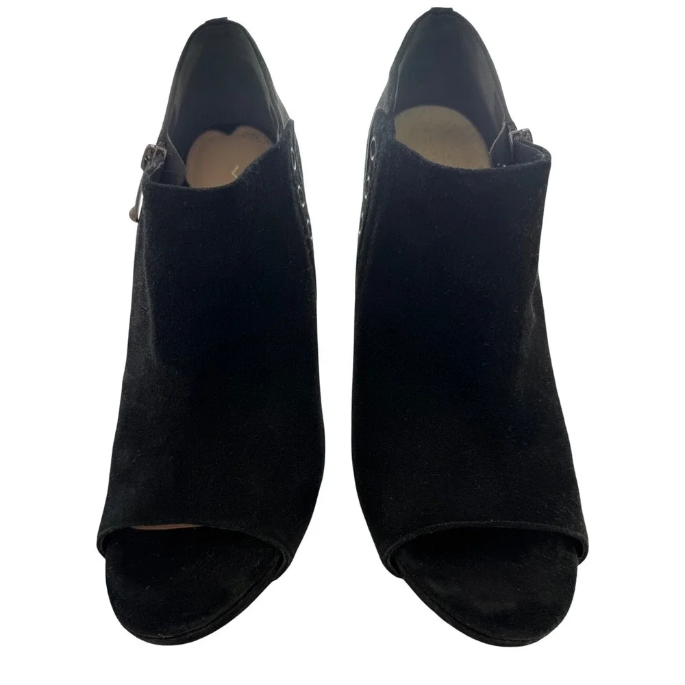 Via Spiga Black Suede Peep Toe Platform Booties 9M Stiletto Heels Grommet Y2K